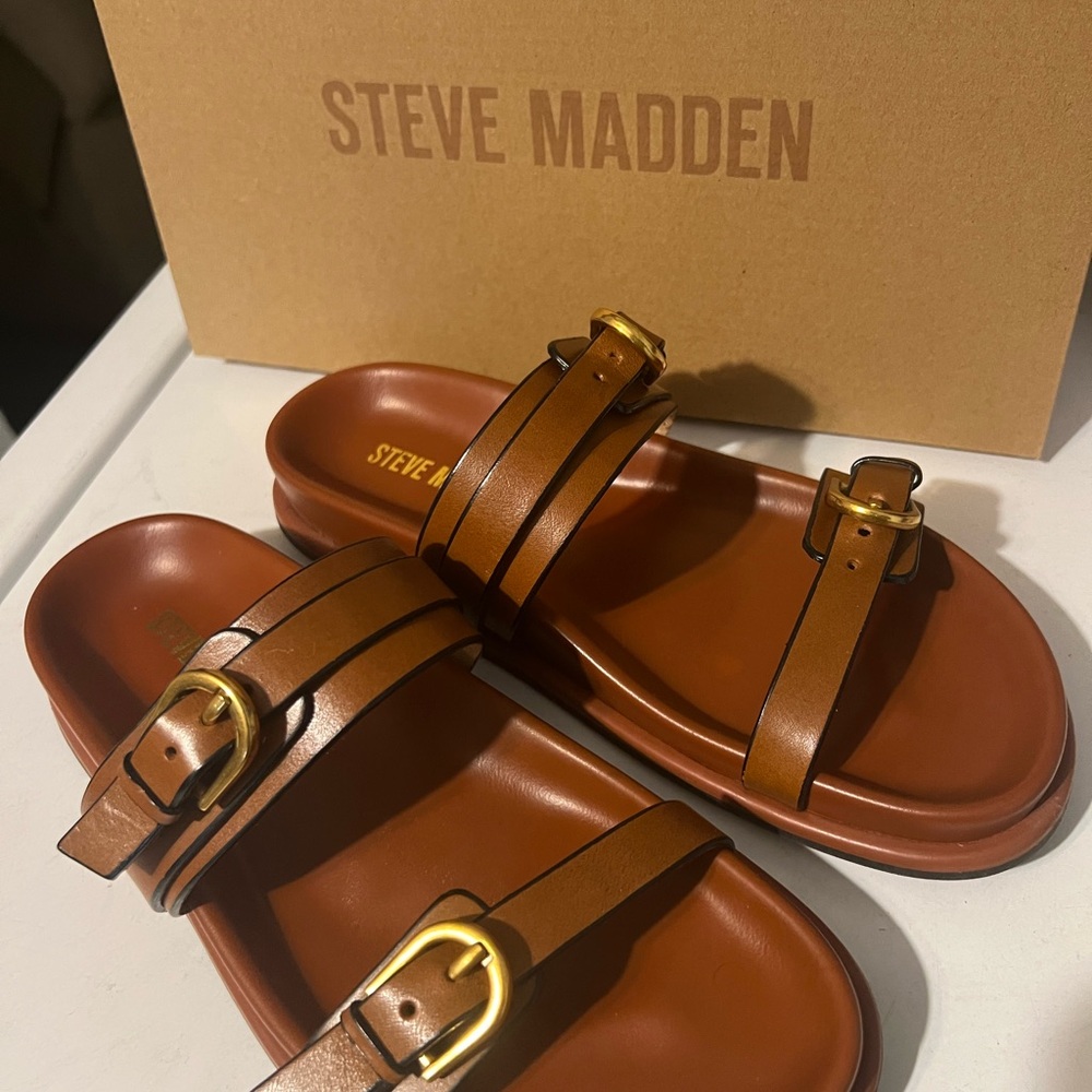 Steve Madden Tan Sandals with Gold Accents